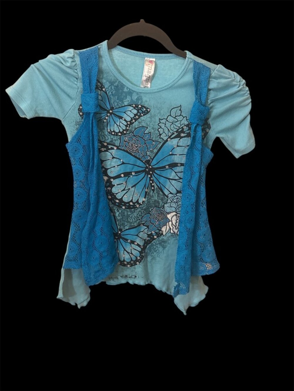 Magentic Girls Blue Butterfly Lace Vest T-Shirt